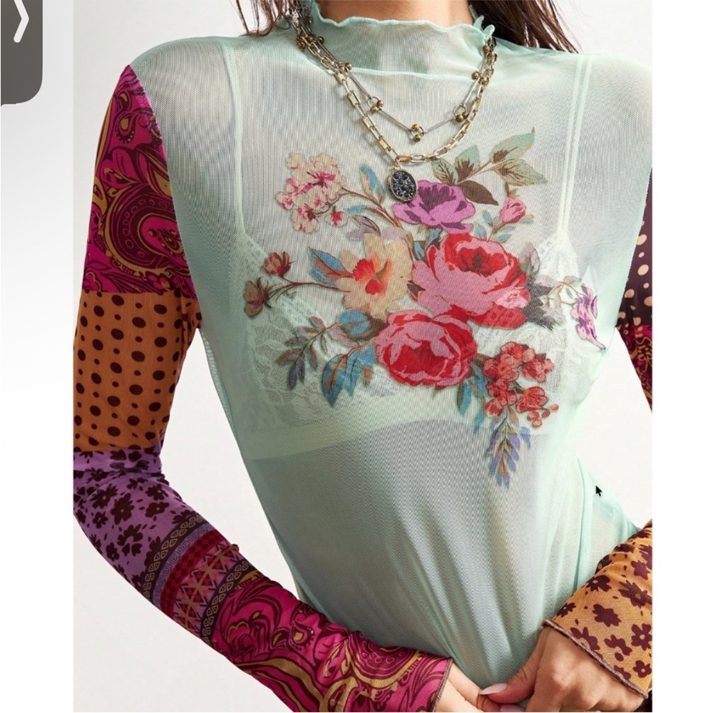 Boho Patchwork Long-Sleeve Mesh Top - Mint Multic… - image 6